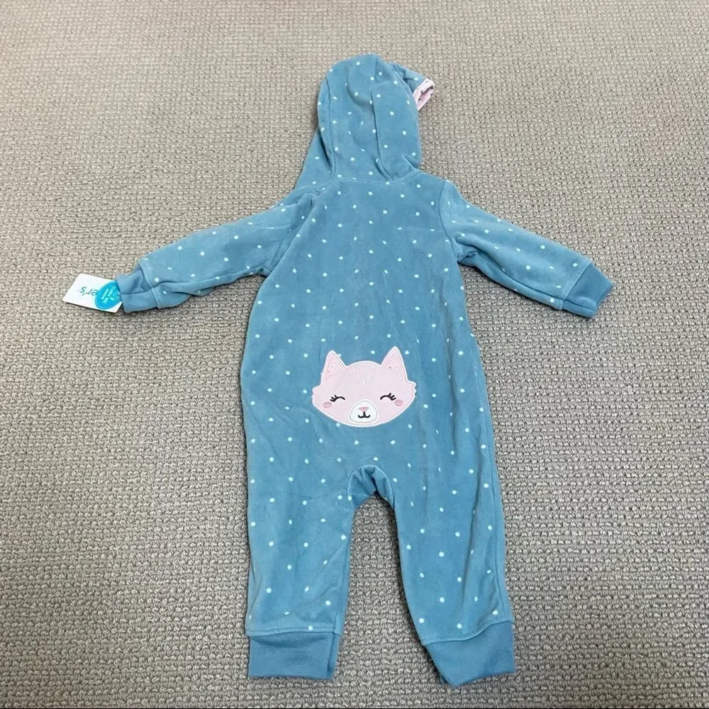 New Carter’s Fleece Hooded Zipper Fox Bottom Polka Dot Winter Bunting - 6 months